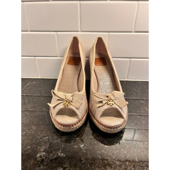 Tory Burch Jackie Canvas Natural Peep-Toe‎ Espadrille Wedges Metallic sheen 7.5 - Picture 4 of 12